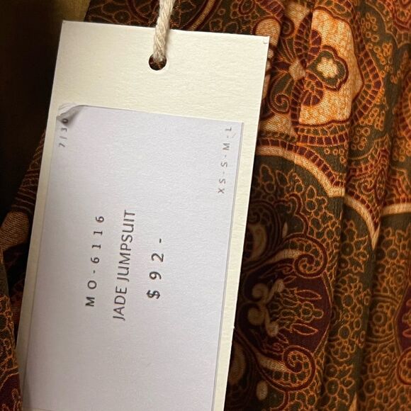 Ollari New York Jade Jumpsuit Brown Paisley Tie Neck Wide Leg - Medium - Picture 6 of 8